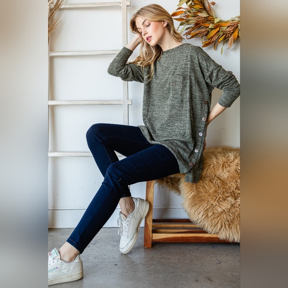 REBORN J Olive Button Side Round Neck Long Sleeve T-Shirt - Picture 1 of 7